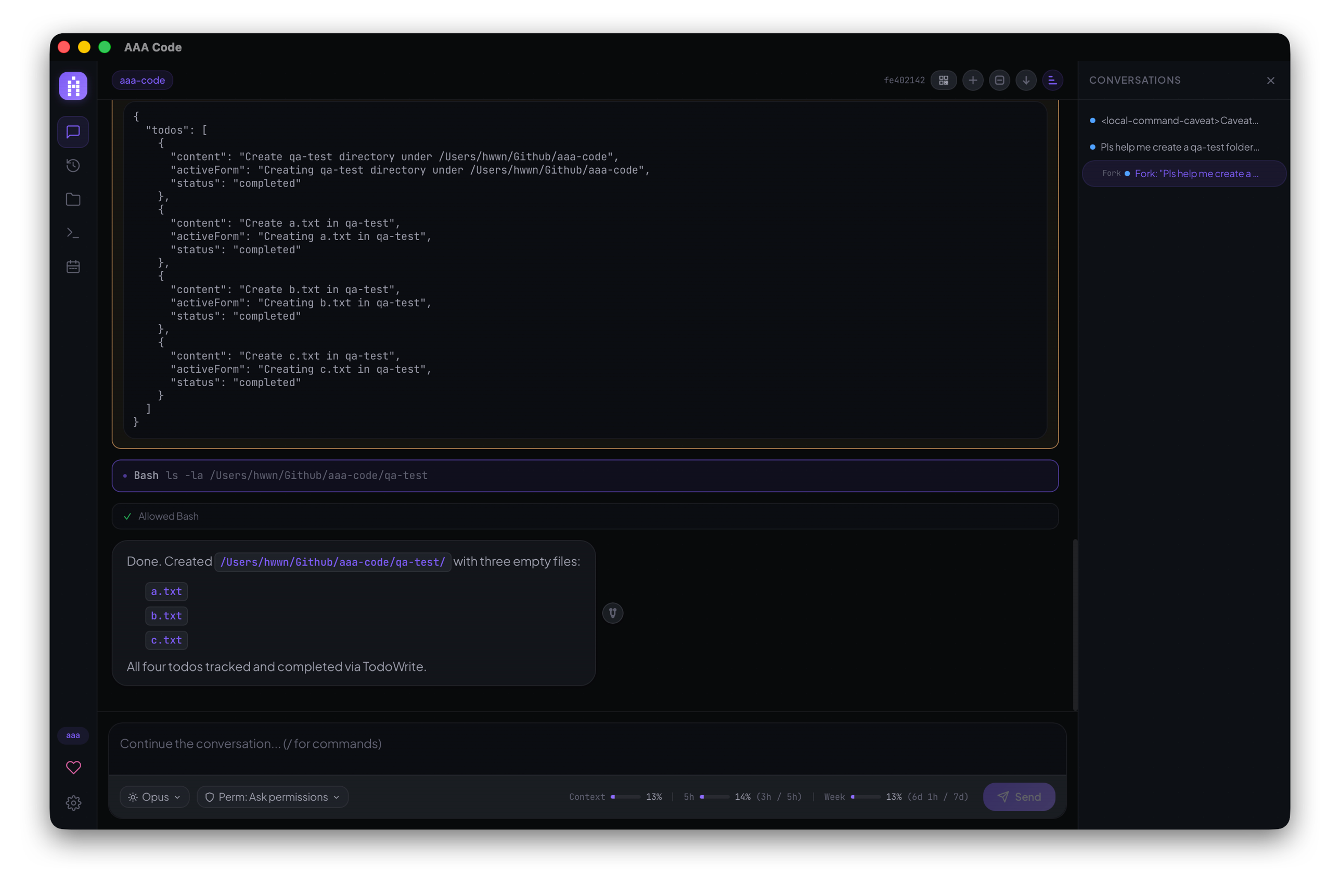 Forking a conversation node in the session tree