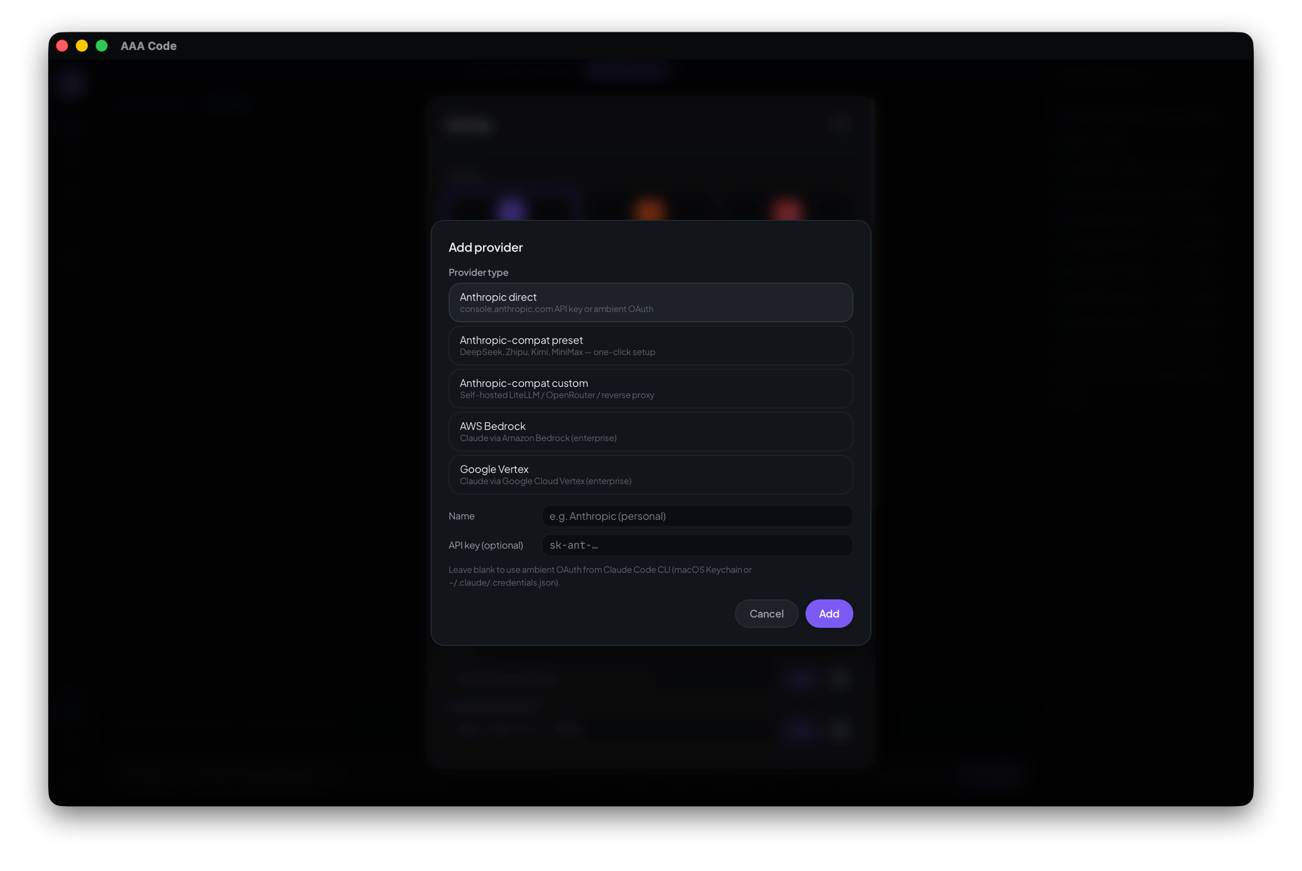 Provider selection panel with Anthropic, DeepSeek, Bedrock and Vertex options