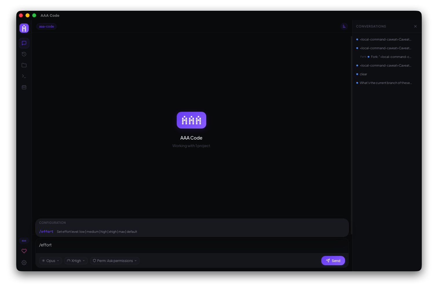 AAA Code composer showing the /effort slash command with level options low, medium, high, xhigh, max, and default
