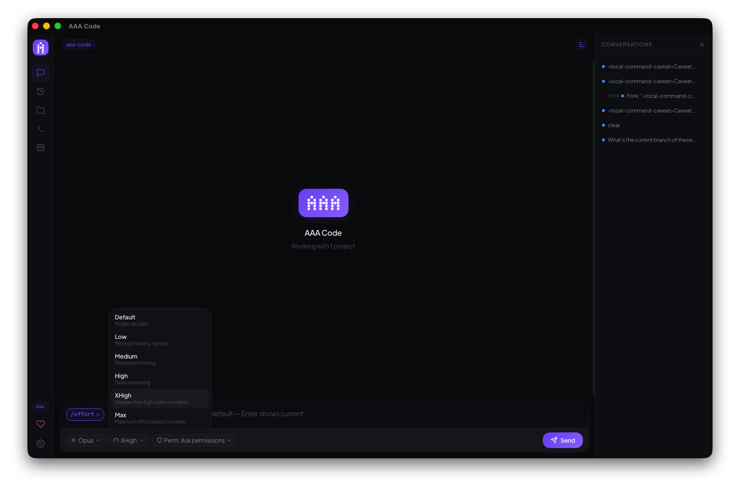 AAA Code effort dropdown open above the composer, listing Default, Low, Medium, High, XHigh, and Max levels with descriptions