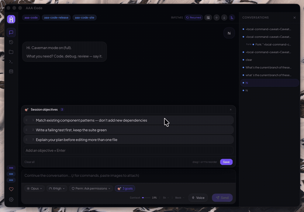 Reordering session goals by dragging in the AAA Code goal panel above the composer