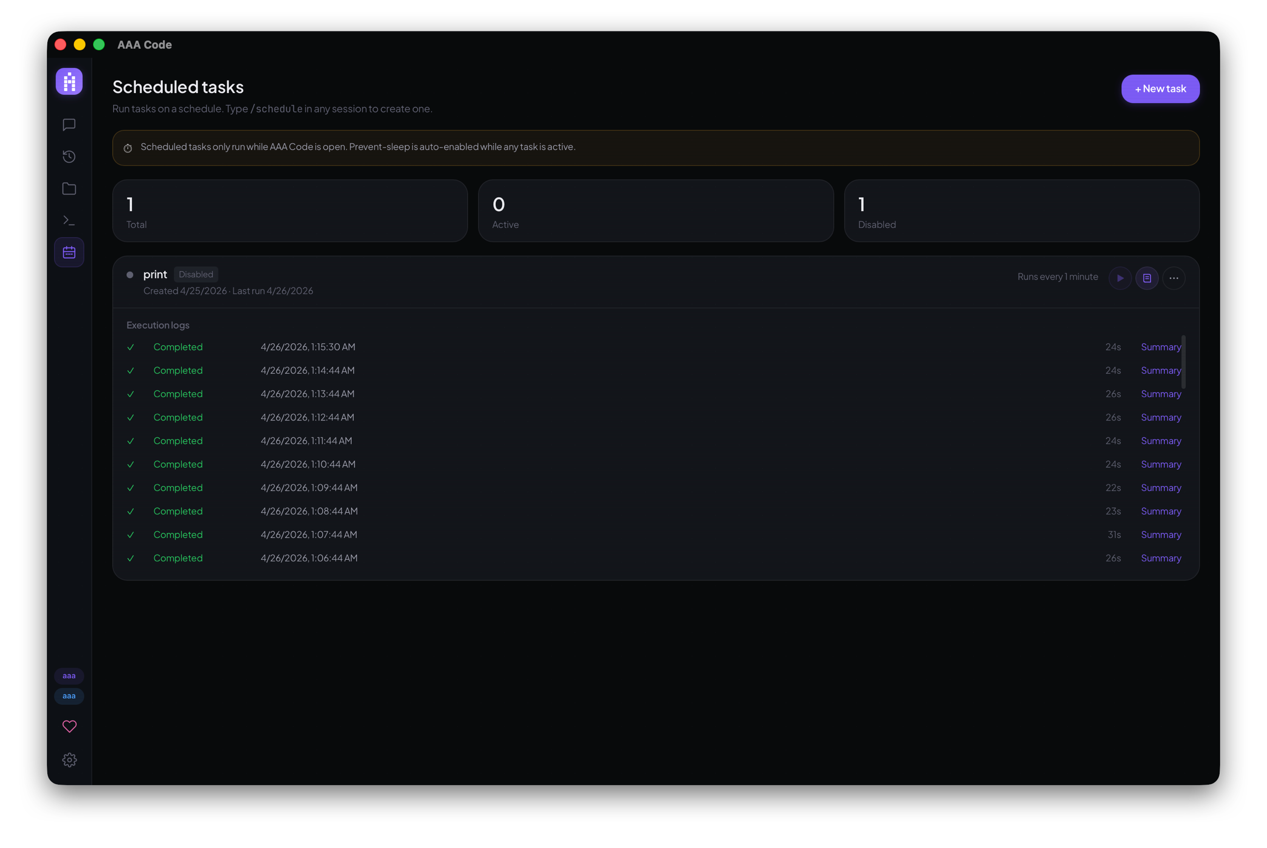 Scheduled tasks panel with cron presets and run history