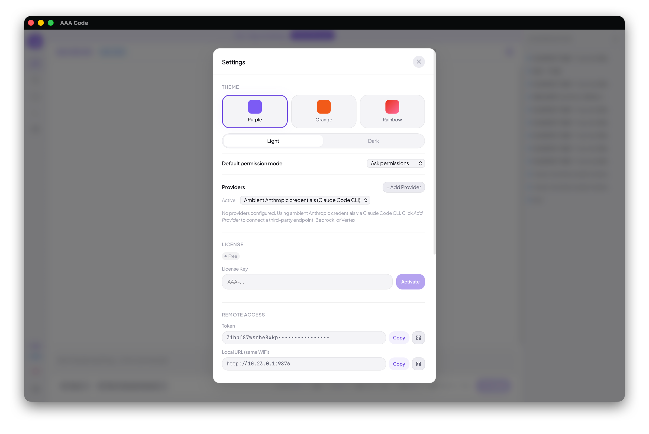 Unified Settings panel — theme picker, permission mode, providers, license, remote access